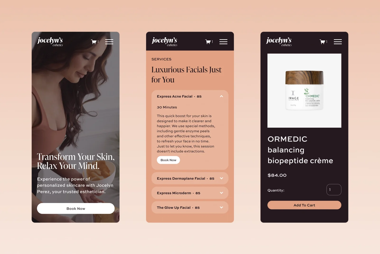 Services page showcasing skincare treatments offered