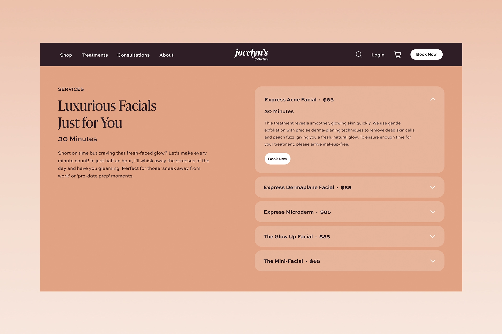 Booking interface for Jocelyn's Esthetics