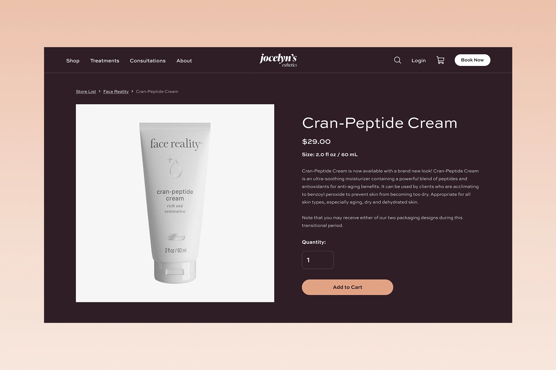 Booking interface for Jocelyn's Esthetics