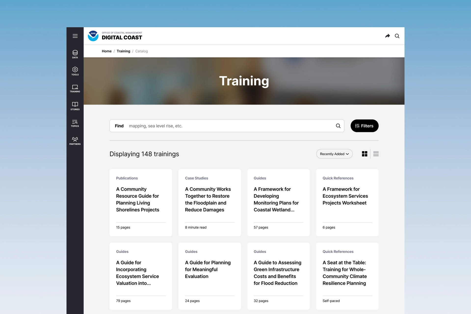 Digital Coast tools section showcasing various data analysis applications
